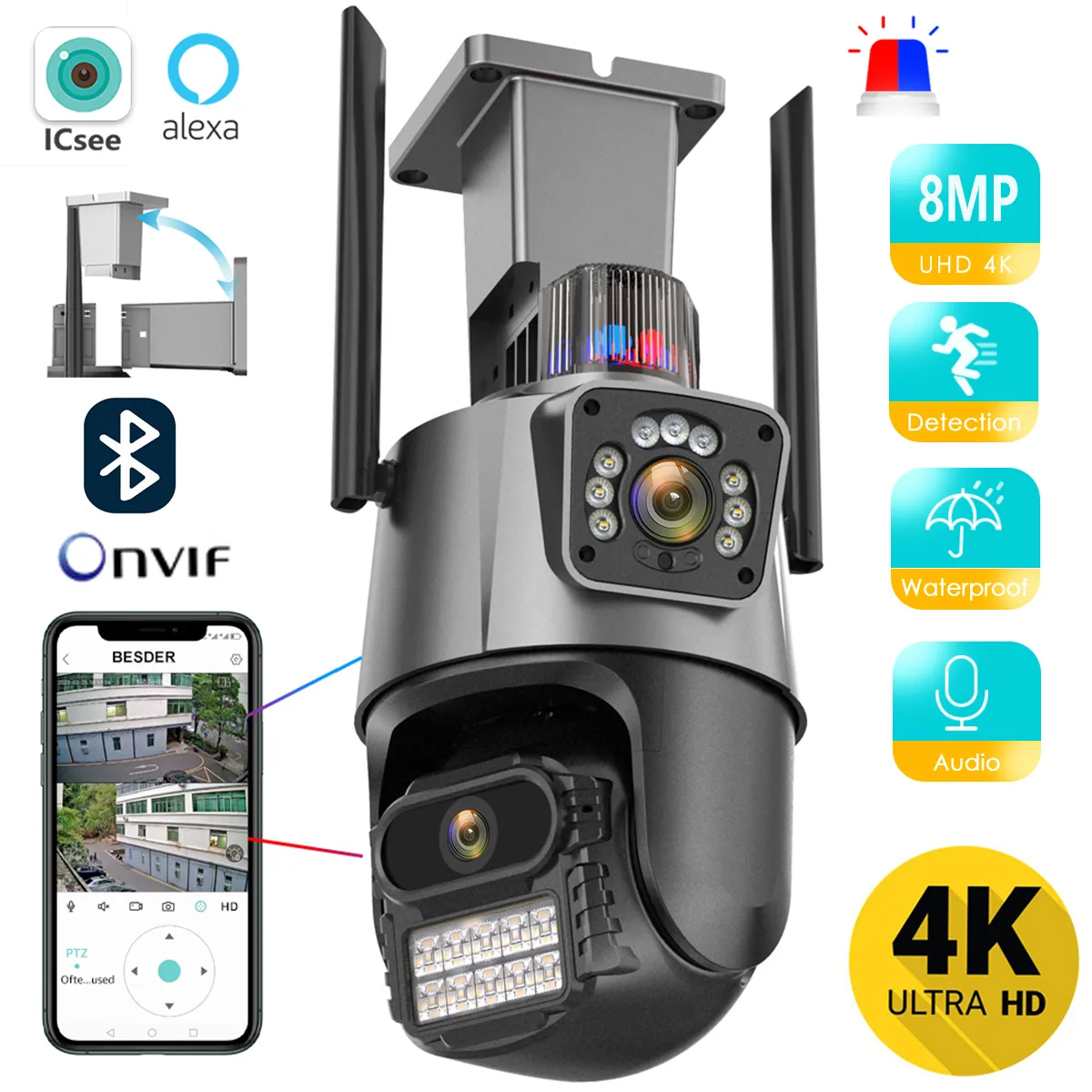 Bgcamera Bulgaria BESDER 8MP 4K WiFi IP ICSee Водоустойчива Kамера с Двоен обектив