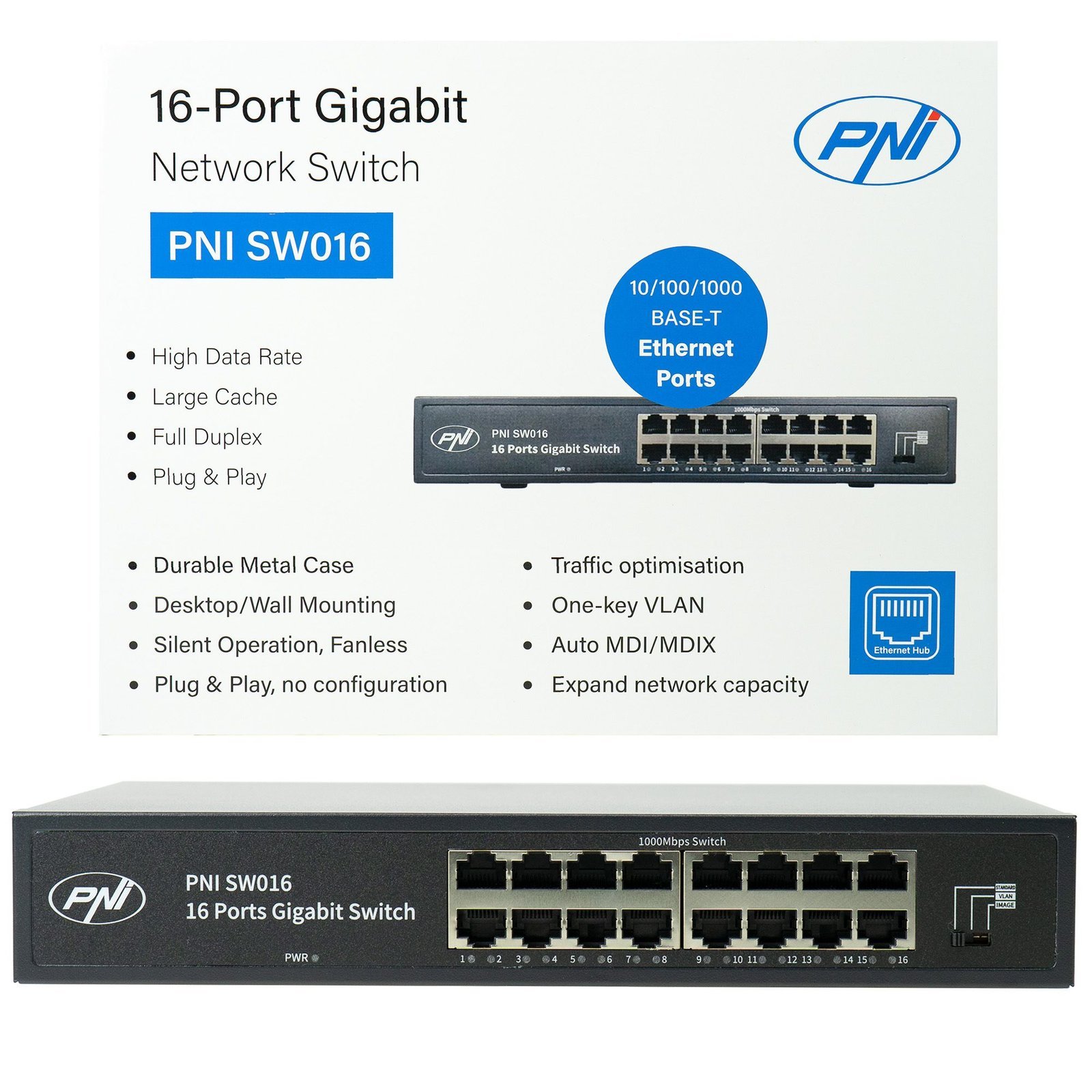 PNI SW016 Суич 16 x 10/100/1000 Mbps Gigabit Метален корпус Без вентилатор Plug&Play 4KV