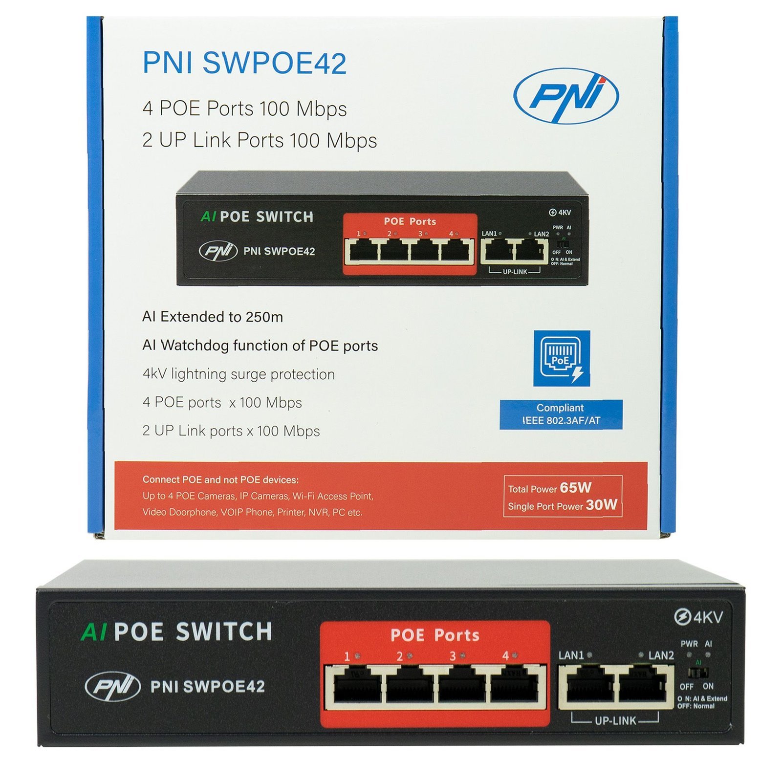PNI SWPOE42 PoE Суич 4 PoE 100 Mbps порта и 2 UP Link 100 Mbps порта 65W AI Extend функция до 250M 4kV защита от мълнии