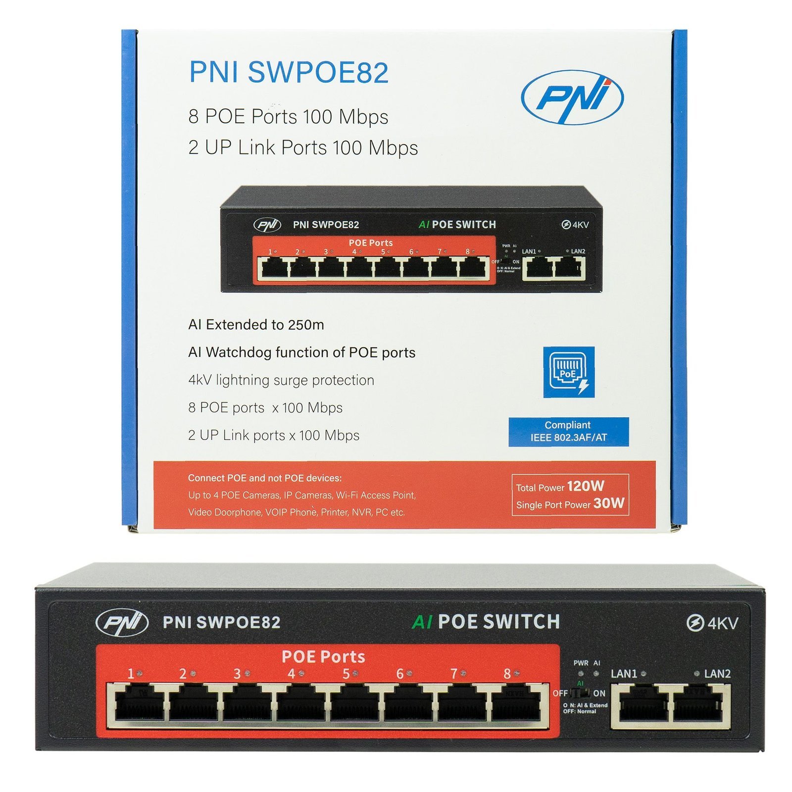 PNI SWPOE82 PoE Суич 8 PoE 100 Mbps порта и 2 UP Link 100 Mbps порта 120W AI Extend функция до 250M 4kV защита от мълнии