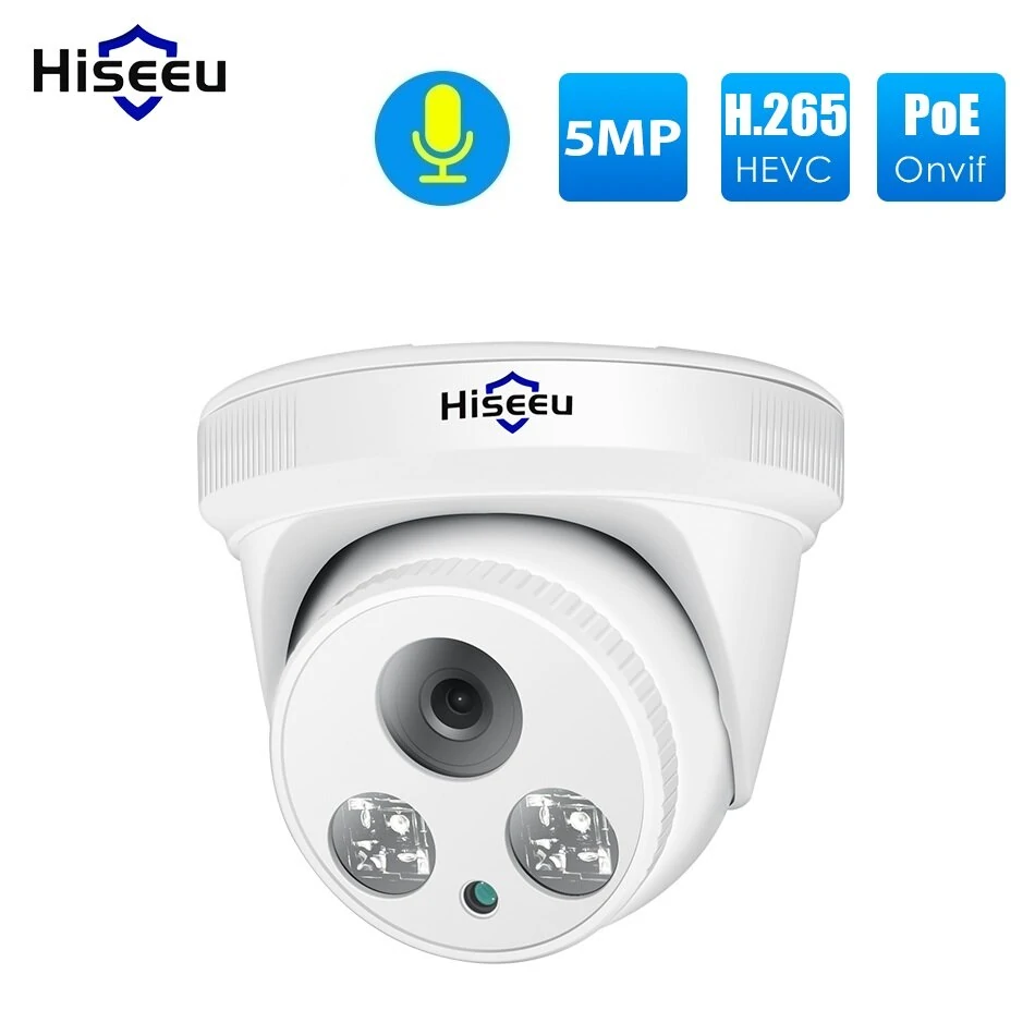 Hiseeu HC615-P-3.6 5MP 1920P POE IP Куполна Камера H.265 аудио ONVIF Motion Detect за PoE NVR iCSee APP