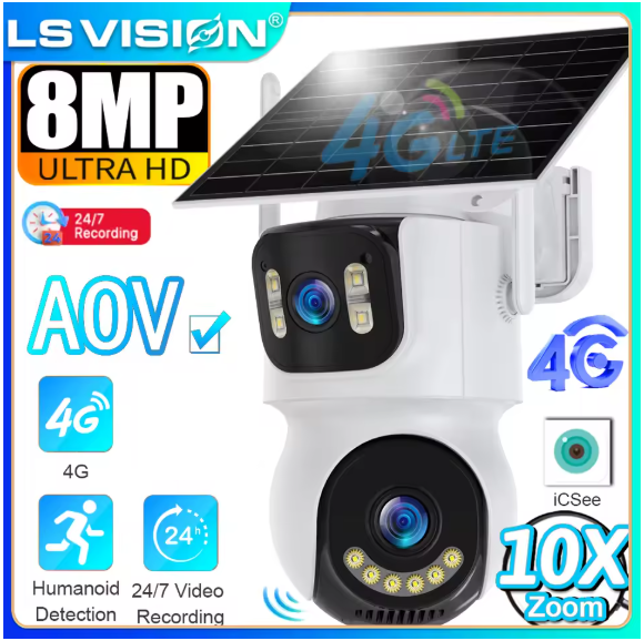 LS VISION 8MP Соларна Kамера с AOV 24/7 запис 4G 10X зуум PTZ управление Aвтоматично проследяване Tриекранен дисплей iCSee APP