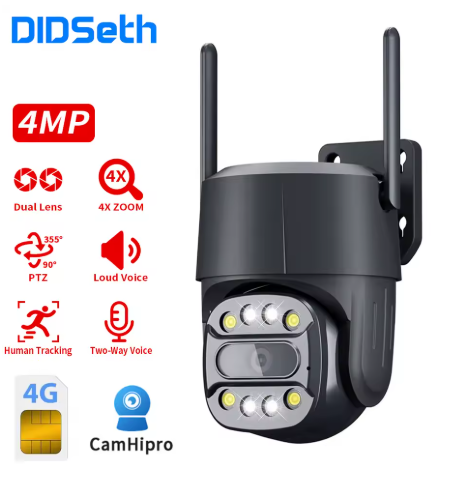DIDseth 4MP 4G LTE Външна Охранителна Камера със SIM карта PTZ AI Разпознаване Цветно Нощно Виждане IP66 CamHipro APP