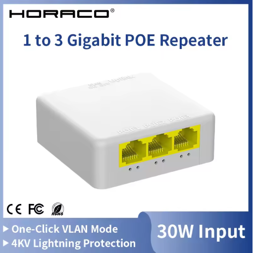 HORACO 4-портов гигабитов PoE удължител 1000M мрежов суич/ретранслатор Съвместим с IEEE802.3af/at, Plug & Play За PoE суичове, NVR, IP камери и точки за достъп (AP)