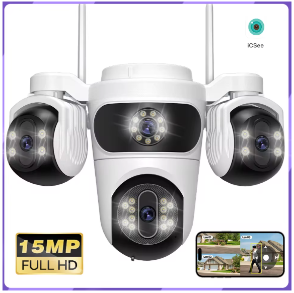 Триобективна 6K 15MP WiFi Kамера PTZ Разпознаване на хора IPP Водоустойчива iCSee APP